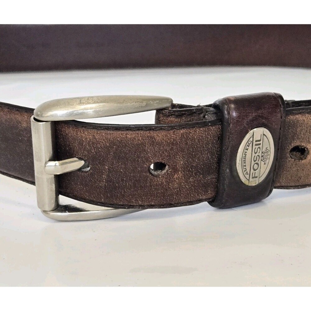 Fossil Belt Mens Casual 90/36 Brown Silver Buckle Genuine Leather